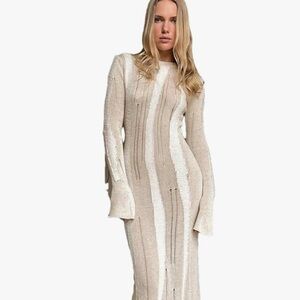 Cream Ribbed Long Sleeve Bodycon Dress